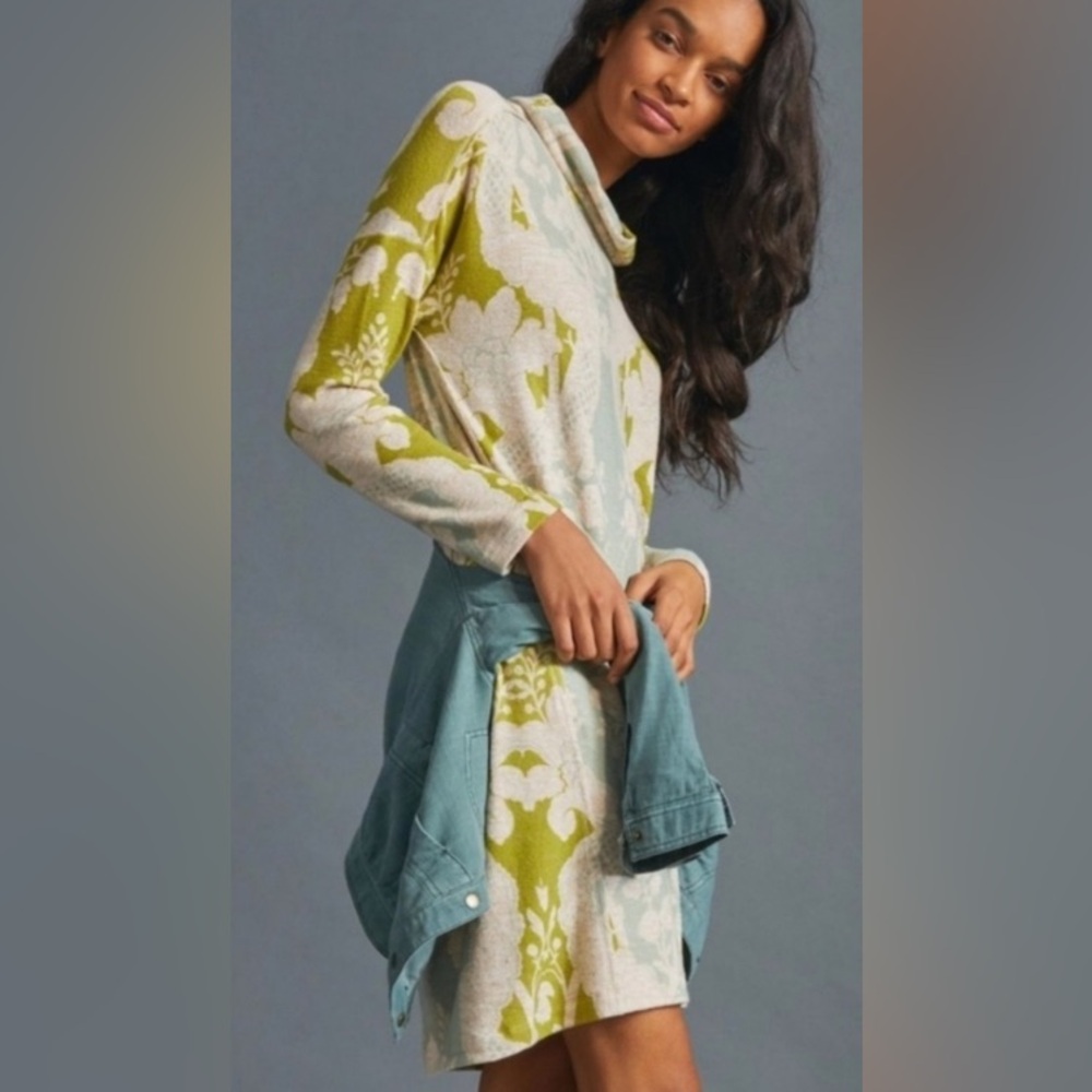 Anthropologie Saturday Sunday Cozy Cowl Neck Retro Floral Pocket Mini Dress